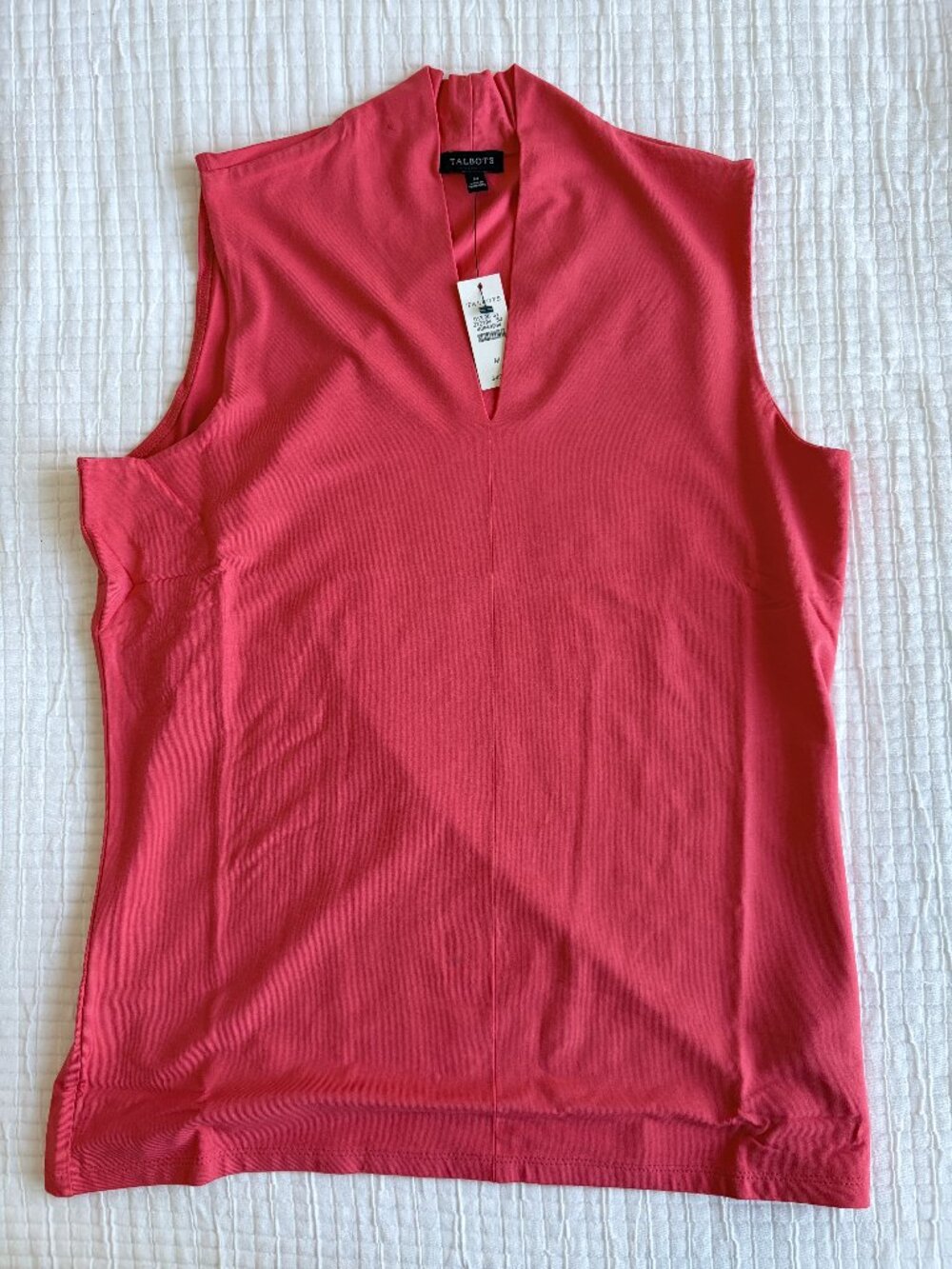 New Talbots Top Womens Medium Coral Pink Sleeveless Mock V Neck Blouse M
